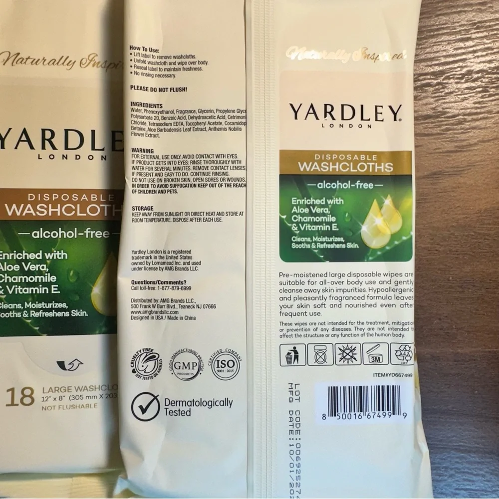 Yardley London Disposable Washcloths 3pk 18ct Large Wipes Aloe Chamomile Vit E